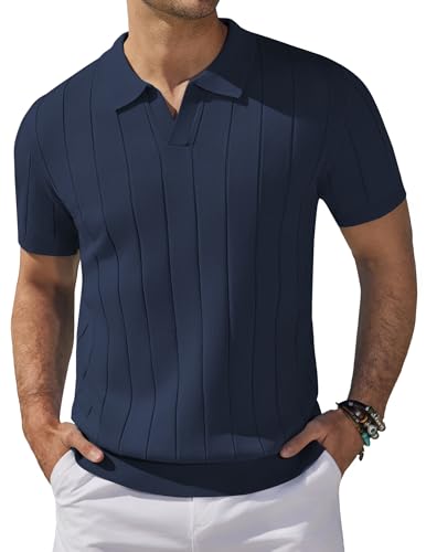 COOFANDY Polo de Hombre de Manga Corta, Polo de Punto de Verano con Cuello en V para Golf, Poloshirt para Hombres Azul Marino L