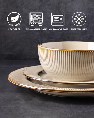 Image of GBHOME Ceramic Dinnerware Sets, 24 pcs Embossed Elegant Stoneware Plates and Bowls Sets, Housewarming Wedding Gift | Dishwasher & Microwave Safe | Dishes Set Service for 8