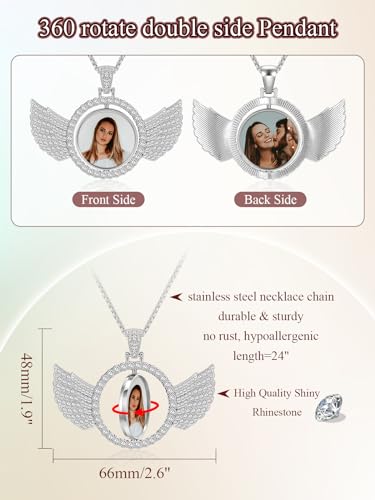 Zysta Customized Double Side Picture Necklace Personalized Photo Crystal Angel Wings Medallion Pendant Customized Photo Rotating Necklace Hip Hop Jewelry for Men Women4