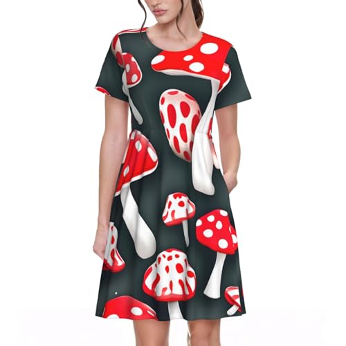 Robe d'été à manches courtes pour femme à motif champignon rouge