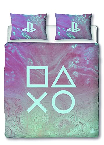 PlayStation Funda de edredón doble de mármol con licencia oficial, diseño reversible de mármol de dos caras con funda de almohada a juego, polialgodón, rosa
