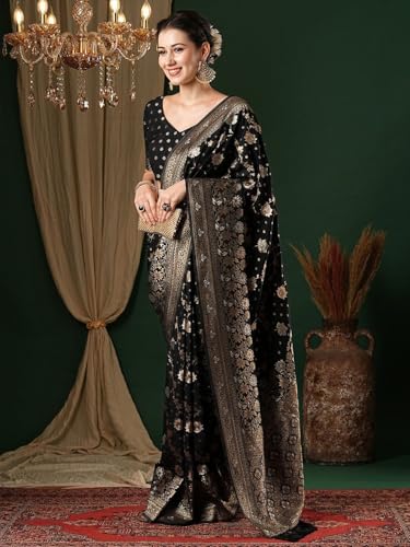 Image of Women's Georgette Kanjeevaram Saree with Woven Ethnic Motif Design, Unstitched Blouse Piece