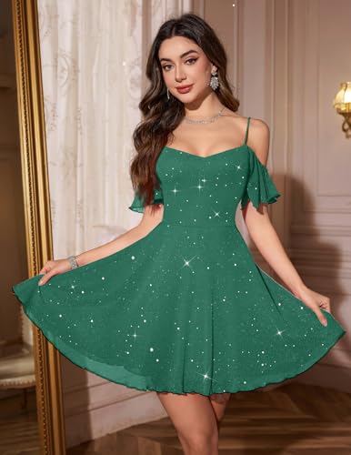 Image of Meetjen Women's Short Cocktail Dresses for Teens Formal Homecoming Sparkly Off Shoulder Tulle Sequin Prom Party Dress