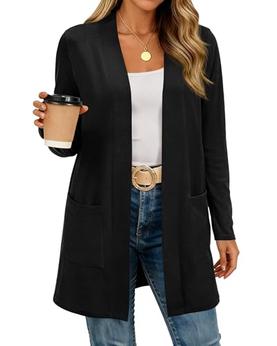 BTFBM Long Cardigans for Women Trendy Pockets Spring Clothes 2026 Casual Open Front Lightweight Shawl Cardigan(Black, XX-Large)