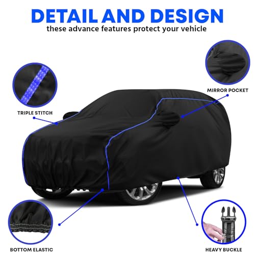 Image of Water-Resistant Dustproof Car Cover for Maruti Swift VXI - Mirror Pocket, UV Protection, Scratch Guard, Buckle Belt, Front & Back Bottom Elastic with Blue Piping - Black