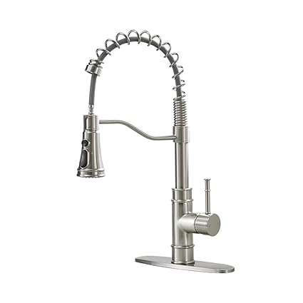 OWOFAN Kitchen Sink Faucets with Pull Down Sprayer Solid Brass Brushed Nickel Single Handle Single Hole Faucet for Farmhouse rv Utility bar Laundry Sinks