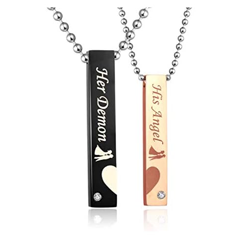 SunnyHouse Jewelry His & Hers Matching Set Titanium Stainless Steel His Angel Her Demon Couple Bar Pendant Necklace (A Pair) Cover