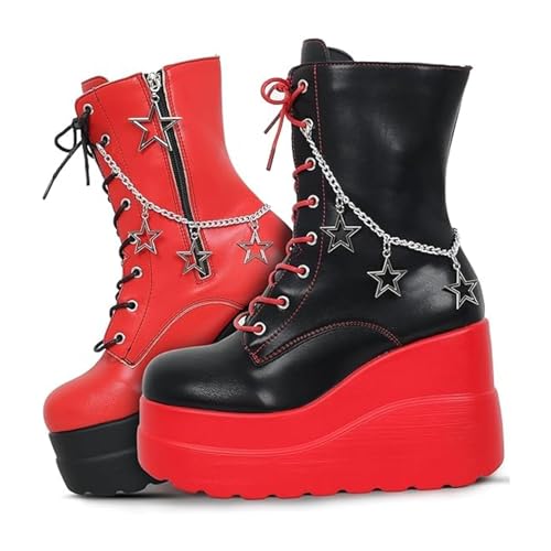 Platform Goth Ankle Boots for Women Punk Motorcycle Round Toe Chunky Heel Mid Calf Combat Boots Side Zipper Lace Up Wedge Booties