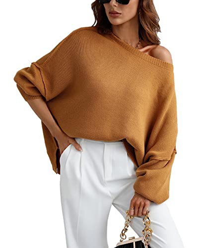 SOMTHRON Fledermaus-Langarm-Oversized-Pullover mit Seitenschlitz und geripptem Strick für Damen mit Rundhalsausschnitt(YE,XL) Cover