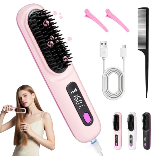 Brosse Chauffante Céramique, Brosse Coiffante Cheveux Courts, Mini Brosse Lissante Chauffante Anti-Brûlure, Chauffante Cheveux Court avec Affichage LCD + 3...