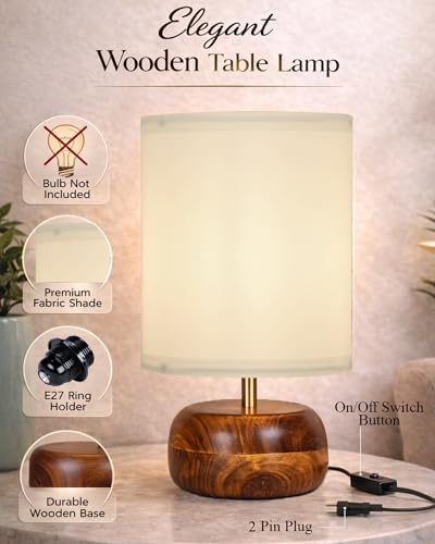 Image of Homesake Handcrafted Wooden Base Table Lamp with Warm Shade, Aara, Bedside Night Light for Bedroom, Living Room, Study Table, Home Decor, Ambient Lighting, (KD Off-White)