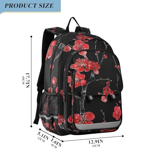Red Plum Cherry Blossoms on Black School Backpacks Travel Laptop Bag Kids Bookbag for Girls Boys Teens Women Men2
