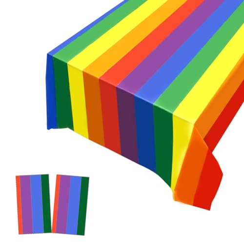 Image of 2 Pack Plastic Tablecloths - Disposable Table Covers for Christmas, BBQ, Picnic, Birthday, Wedding & Parties - Oil-proof, Thin Rainbow Table Cover - 54 x 108 In