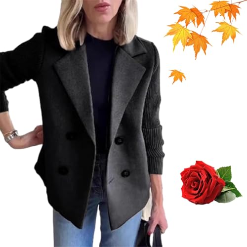 Women's Lapel Button Knitted Patchwork Sleeve Casual Coat Cropped, Cropped Double Breasted Blazer Women Sweater