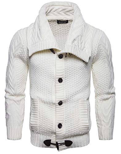 CHARTOU Men's Comfy Lapel Collar Button Up Chunky Cable Knit Sweater Cardigan (X-Large, White)
