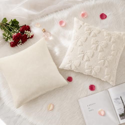Image of decorUhome Beige Bow Pillow Covers Set of 2 Coquette Aesthetic Cute Preppy Plush Faux Pillowcases for Girly Bedroom or Couch 16x16 Inch
