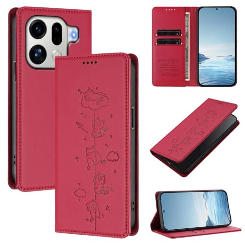 Portefeuille en cuir Oppo Reno 13F 5G avec fermeture magnétique rouge et motifs de chat protecteurs