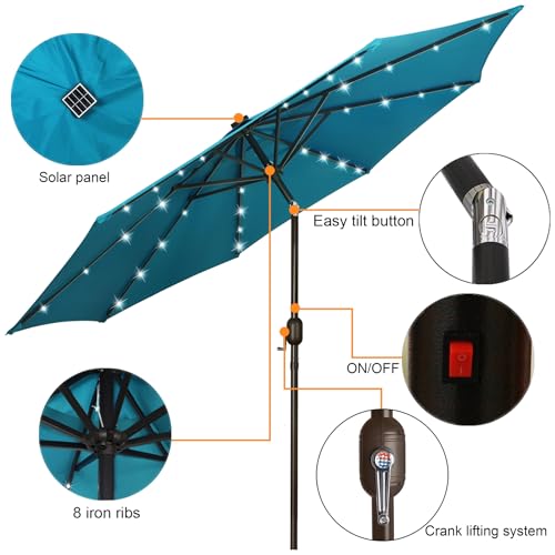 Image of Blissun 9 ft Solar Umbrella 32 LED Lighted Patio Umbrella Table Market Umbrella with Tilt and Crank Outdoor Umbrella for Garden, Deck, Backyard, Pool and Beach (Cerulean)