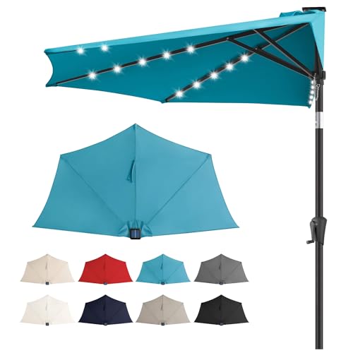 AckMizz 9FT Solar Half Umbrellas Outdoor - LED Half Patio Umbrella with 25 Lights UV Protection Waterproof Half Round Umbrella for Wall Balcony Pool Porch Garden Deck Backyard Aqua Blue