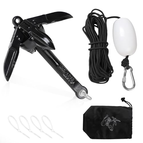 SWAWIS Ancla Kayak Hinchable Plegable 0,7 kg con 20M de Cuerda de Ancla Boya y Bolsa de Almacenamiento para Kayak Lancha Hinchable Paddle Surf Moto de Agua, Negro