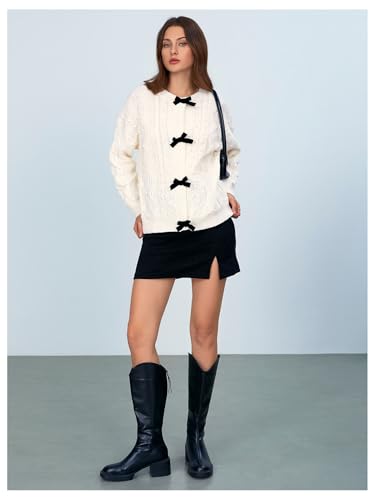 Image of MakeMeChic Women's Bow Knot Sweater Cardigan Cable Knit Long Sleeve Crew Neck Knitted Cardigan Outerwear
