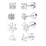 TEOZBLU 8 Pcs Piercing Tragus Femme Hommes 20g Piercing Nez Acier Inoxydable Hypoallergénique Helix Lèvre Piercing 8mm Argent Avec Zircone Fleur Triangle Piercing Labret Levre Bijoux Pour Femmes