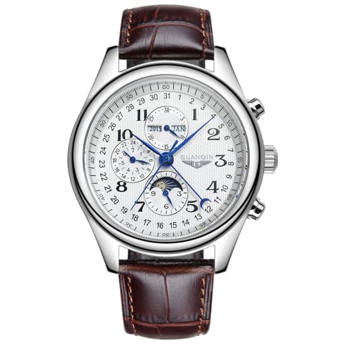 Guanqin Reloj mecánico multifuncional automático para hombre, de cristal de zafiro, fase lunar, calendario perpetuo, resistente al agua, reloj de pulsera de acero inoxidable o correa de cuero Guanqin Reloj mecánico multifuncional automático para hombre, de cristal de zafiro, fase lunar, calendario perpetuo, resistente al agua, reloj de pulsera de acero inoxidable o correa de cuero