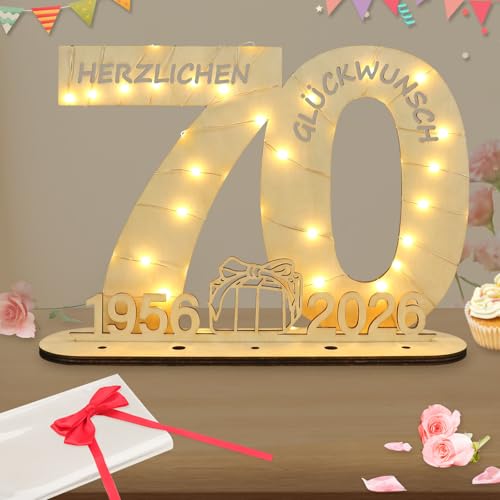 Seutgjie Originelle Geschenk 70. Geburtstag Frau Mann 1956-2026 70 Geburtstag Deko Holz Schild Gästebuch Geldgeschenke Geburtstag 70 Jahre mit LED Lichterkette Geschenkpapier