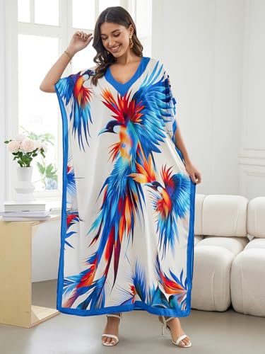 Image of IMAGEKOPE Women's Plus Size Loose Fit Moroccan Print V-Neck Batwing Kaftan Beach Dress Bathing Suit Cover Up
