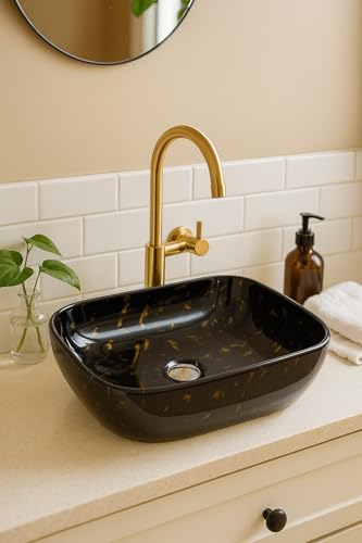 Image of Ceramic Tabletop Wash Basin - Glossy Rectangular Countertop Vessel Sink with Marble Finish for Bathroom & Vanity | Compact 18 x 13 x 5 Inch | Elegant Washbasin