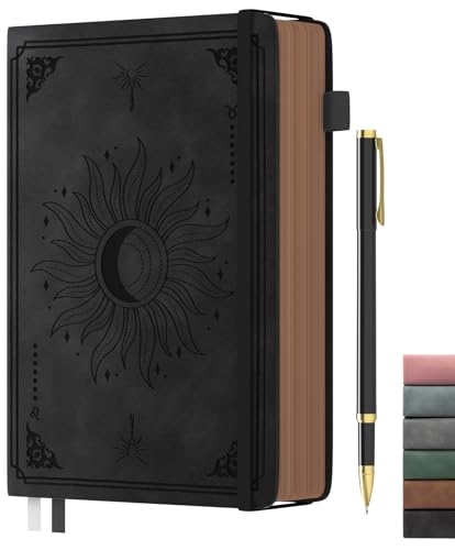 Smarpau Notizbuch A5, Vintage Hardcover Leder Notizblock Liniert mit 366 Seiten 100gsm Dickes Papier, Lined Journal mit Stift für Frauen Männer Arbeit Büro Schule Reisen, 14.5 x 21cm - Schwarz