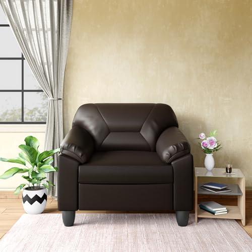 Image of Interio by Godrej Sofa Rejoice 1 Seater Leatherette Sofa for Living Room, 1-Year Warranty, Pinewood, Coffee Brown