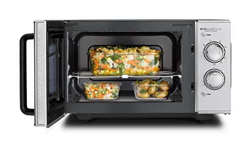CASO MG 25 Ecostyle Ceramic - Micro-ondes 2-en-1 sans plateau tournant avec gril 1000 W, capacité 25 L, minuterie jusqu’à 30 min, grand format, coloris argent