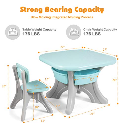 Costzon Kids Table And Chair Set, 3 Piece Activity Table W/Detachable Toy Storage Bins & 2 Chairs For Children Reading Art Craft, Strong Bearing Capacity, Lightweight, Toddler Table & Chair Set, Green #TOP5
