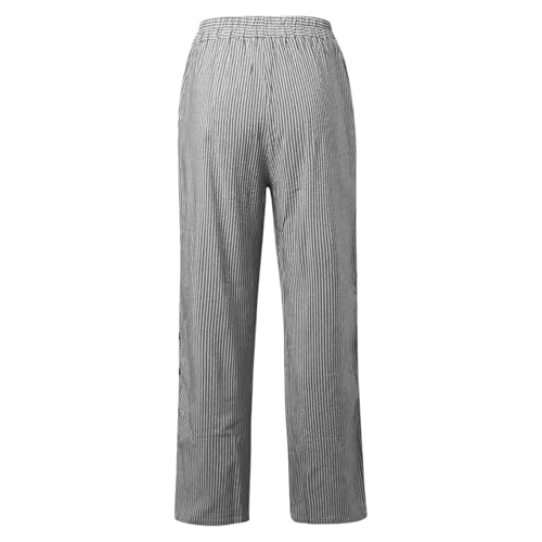 Striped Linen Pants Women Side Button Elastic Waist Straight Leg Pants Printed Loose Summer Beach Boho Trousers with Pockets4