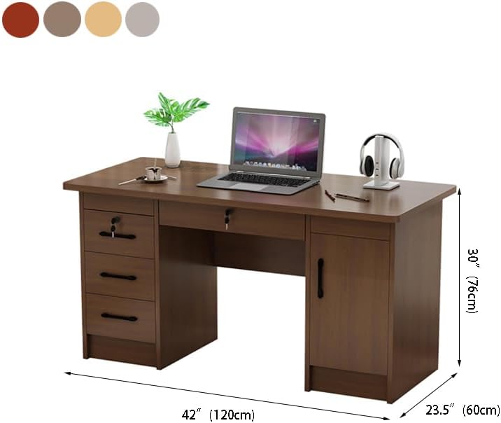 RUNNUP Wood Office Computer Desk with Locking Drawer, Contemporary Office Desk, Simple Writing Desk Home Office Furniture, Without Keyboard Tray, 47" L x 24" W x 30" H, Light Walnut Color