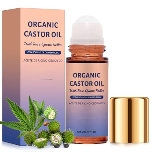Organic Castor Oil Rose Quartz Roller Ball 100% Pure Cold-Pressed Organic Castor Oil Roller Ball Hexane-Free Natural Ingredients Amber Glass Bottle for All Skin Types 1.7oz