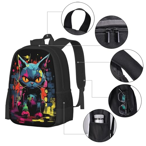 Comfort Fit Unisex 17 Inch Backpack Grunge Cat Graffiti Padded Straps for Long - Haul Carrying Work & Travel Use4