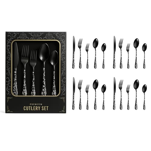 Image of aDai Premium 20 Piece Stainless Steel Cutlery Set | Floral Handle | Includes Spoon Fork Knife Teaspoon | Perfect for Corporate Gifting (Black)