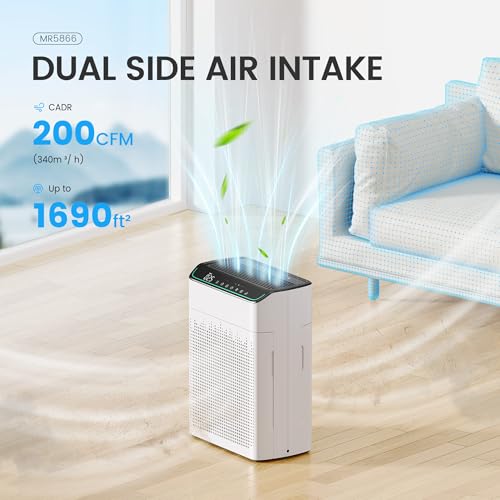 air purifier for home large room up to 1690 ft hepa filter with pm 25 monitor wifi and alexa compatible dual air intake for smoke odor pets white