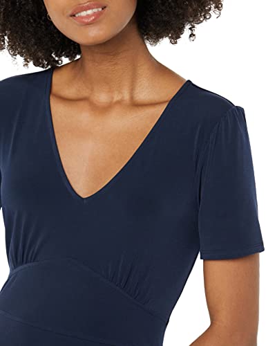 Image of Amazon Essentials Women's Short Sleeve V-Neck Gathered Flattering Fit and Flare Dress
