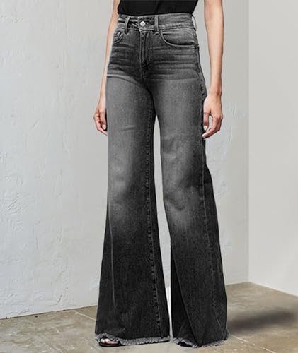 Women's High Waist Bell Bottom Flared Jeans Distressed Tassel Raw Hem Wide Leg Denim Pants Loose Fit Bootcut Jeans4