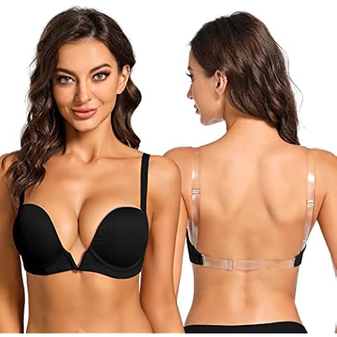 Plusexy Women's Plunge Deep V Low Cut Bras with Convertible Clear Back Straps Backless Padded Push Up Underwire Bra Black 42C Cover