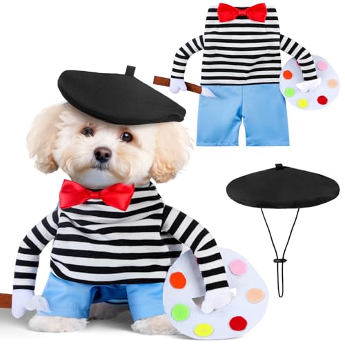 Dansydaisy Halloween Dog Costume Funny French Artist Dog Costume with Hat Painter Pet Clothes T-Shirt Jeans Beanie Beret Ties for Halloween Cosplay Brithday Party(M)
