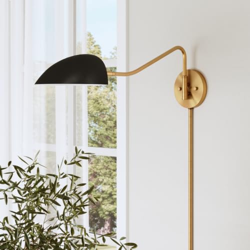 Image of Nathan James Bilson Plug-in Wall Sconce with Black Dome Shade and Brass Swing Arm, Vintaged Brass /Black