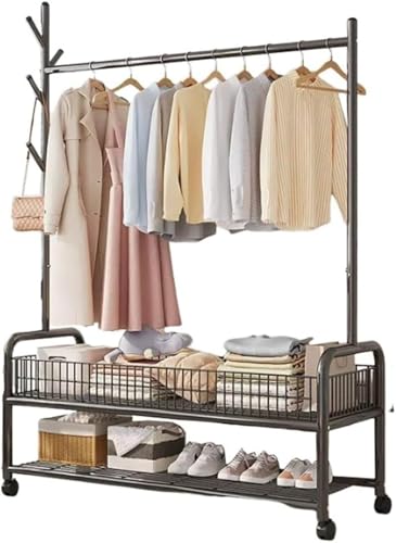 Hinniuy ハンガーラック 衣類収納 洋服ラック 頑丈 多機能収納 大容量 収納ラック フック付き 棚付き パイプハンガー コート掛け キャスター付き 高耐荷重 組立簡単 (ブラック,2層 - 90cm)