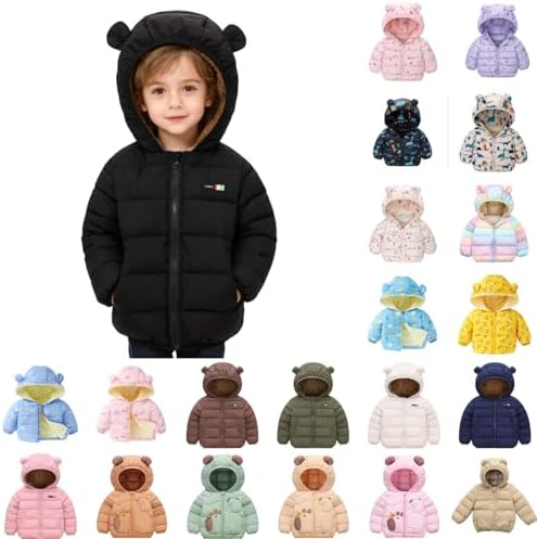 Baby Girls Boys Winter Coat Toddler Bear Hooded Down Jacket Warm Fleece Light Puffer Padded Outwear for Kids 1-7T