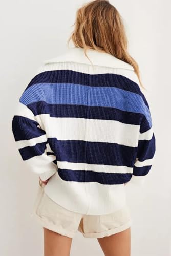 Image of EVALESS Striped Sweaters for Women 2024 Casual Long Sleeve Lapel V Neck Quarter Zip Pullover Sweater Ribbed Knit Jumper Tops