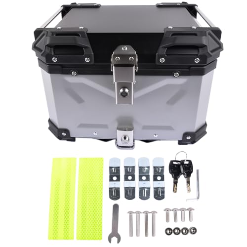 GLOSSY AUTO PARTS Caja Superior para Moto Plateada 45L Universal, Baúl Superior de Aluminio Impermeable para Moto, Maletero Portaequipajes con Doble Llave, Caja Trasera para Almacenar Casco