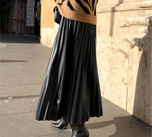Women Faux Leather Pleated Skirt Fashion High Waist A Line Midi Skirt Casual Office Wear4
